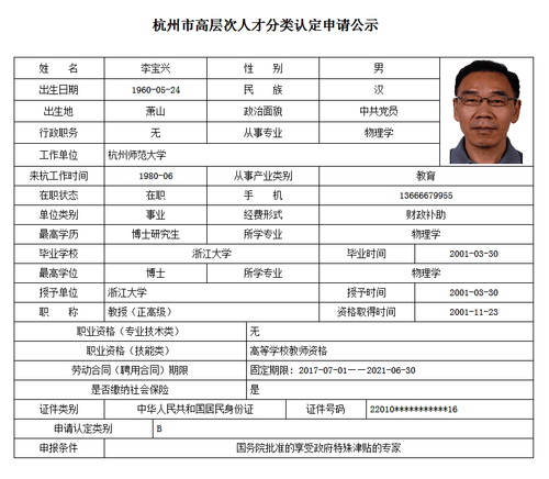 李宝兴——杭州市高层次人才分类认定申请公示